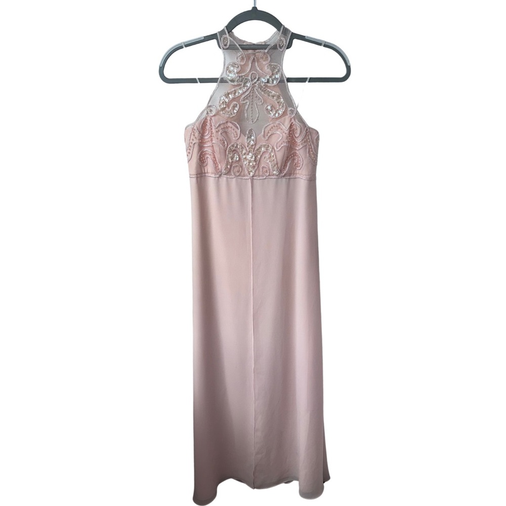 Vintage 90s Y2K Faviana Baby Pink Beaded Halter Gown – Size 6 Prom Bridesmaid
